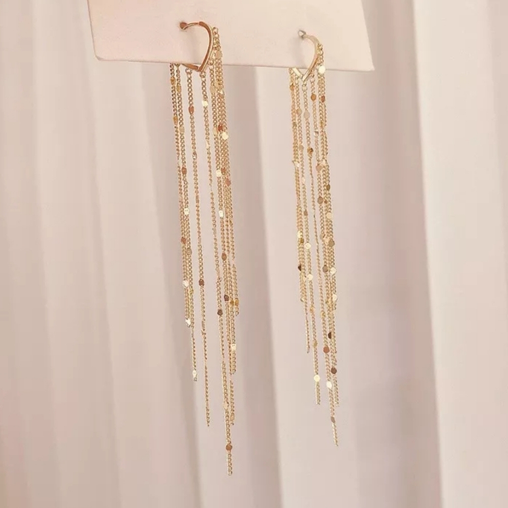 Gold long drop earrings